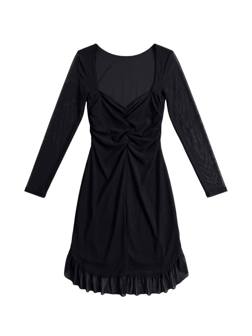 NWOT | Black Sheer Long Sleeve Ruched Twist Front Ruffle Hem Midi Dress | Small